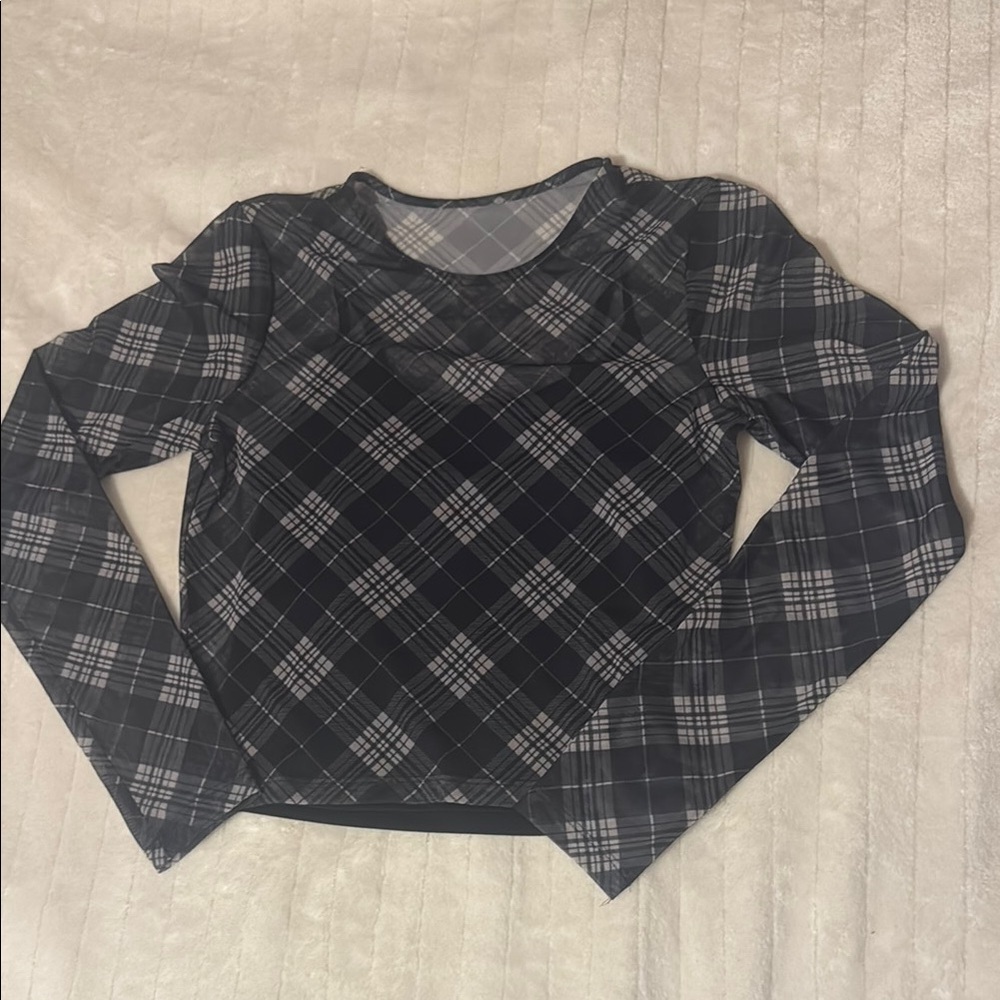 Plaid Long Sleeve Mesh Layered Baby Tee